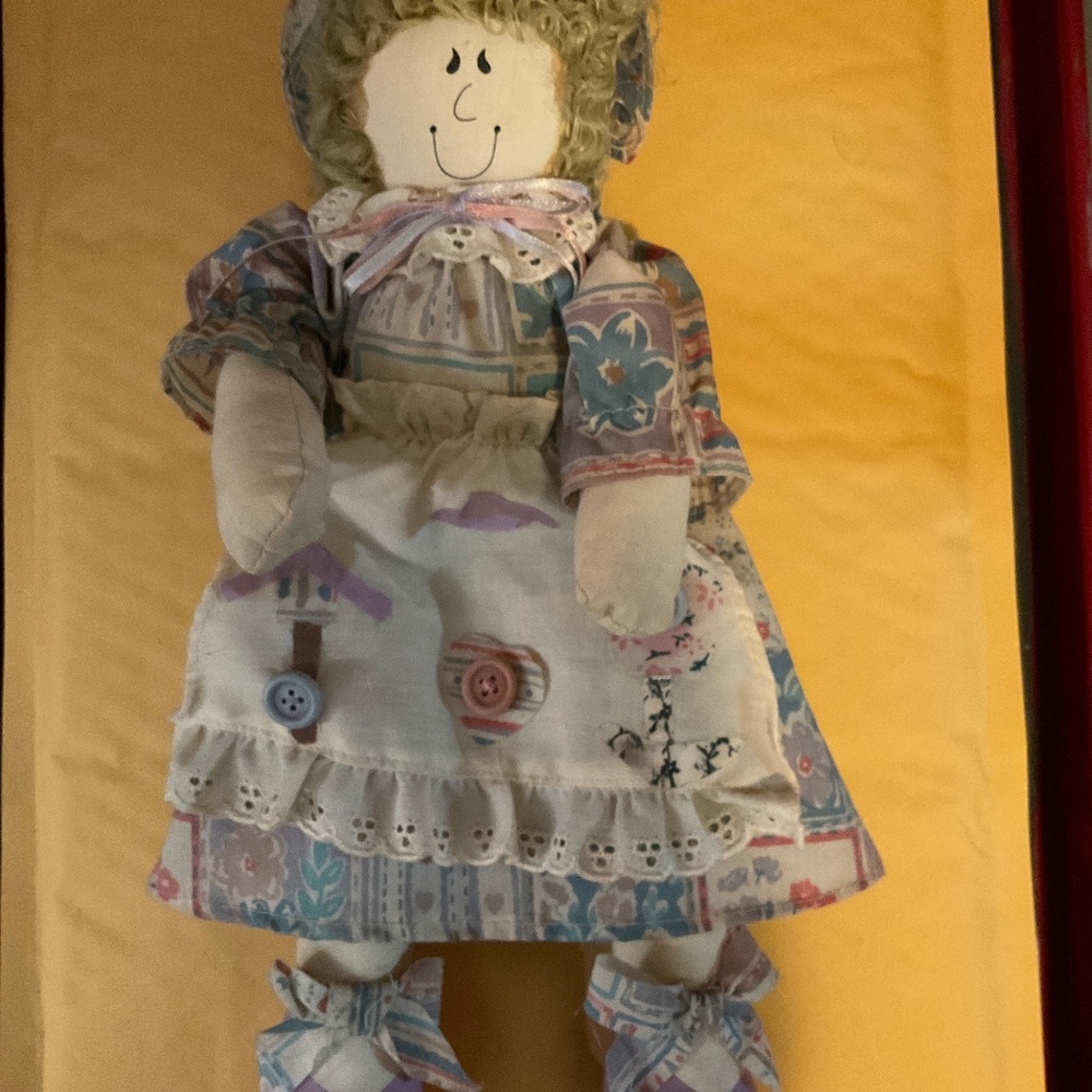 Rag doll 13” with curly hair and bonnet.  K13